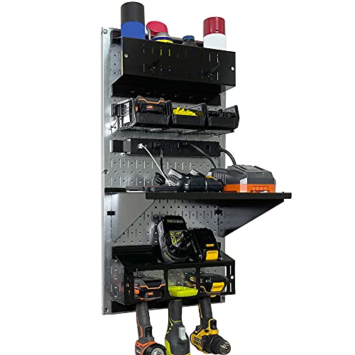 Wall Control Power Tool Storage Organizer Kit Cordless Drill Holder Charging Station Rack 16” x 32” Metal Pegboard Organization System (Metallic Pegboard) - color: Metallic Pegboard