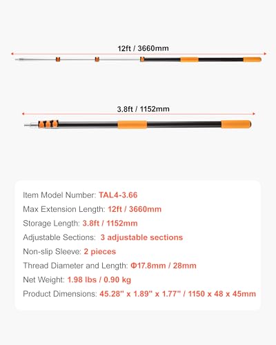 VEVOR Telescopic Extension Pole, 4-12 FT Multi-Purpose Extendable Pole, Sturdy Aluminum Alloy Paint Pole Extension with Flip-Lock Design, High Reach Roller Stick for Painting, Dusting and Cleaning - style: 4-12 FT