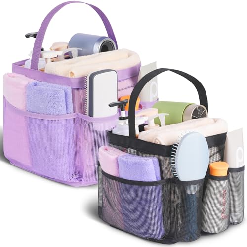 EUDELE 2 Pack Mesh Shower Caddy Portable for College Dorm Room Essentials, Shower Caddy Dorm with 8-Pocket Large Capacity,Shower Bag for Beach,Swimming,Gym All Black+All Pink - color: All Black+All Purple