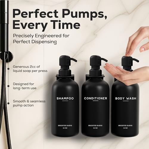 Black Shampoo and Conditioner Dispenser Set Wall Mounted by Brighter Barns - 3 Chamber No Drill Shampoo Bottles for Shower Wall - Refillable Plastic Shower Soap Dispenser for Airbnb, RV, Hotel (Black) - color: Modern (Black)