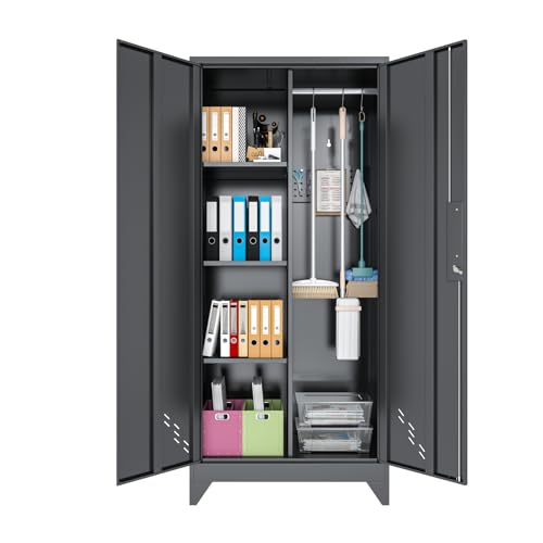 OSEILLC Garage Storage Cabinet, Broom Closet Storage Cabinet, Storage Shed, Metal Cabinets with Doors and Shelves, Tool Shed for Brooms and Mops, Utility Cabinets for Storage,Small Cabinet - color: Black