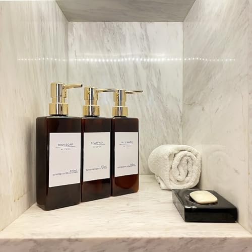 Shampoo Dispenser for Shower Wall, Shampoo and Conditioner Dispenser with 16 Waterproof Labels, No Drill Shower Soap Dispenser Bathroom, Shower Soap Dispenser Wall Mounted 3 Chamber, 17oz, Gold Amber - color: Amber Bottle + Gold Pump