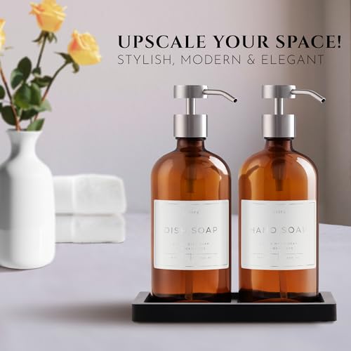 Glass Soap Dispenser Set of 2 (Amber) with Silicone Tray | Hand and Dish Soap Dispenser for Kitchen and Bathroom | 16.8 Oz Glass Bottles with Stainless Steel Pump & 15 Waterproof Labels (Amber/Silver) - color: Amber/Silver