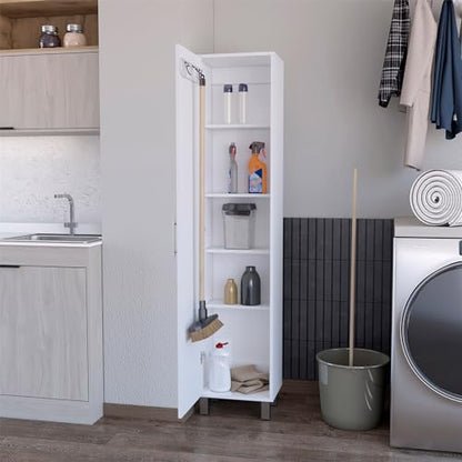 Tall Storage Cabinet with Single Door and 3 Broom Hangers Modern Floor Standing Cabinet for Kitchen Bathroom Laundry Room 70.87" Height White