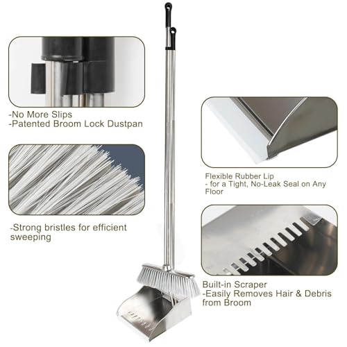 Metal Dustpan with Broom Set, Long Handle Stainless Steel Dustpan,Heavy Duty Standing Dust Pan with Teeth, Indoor Outdoor Up for Home Kitchen Lobby Room Office