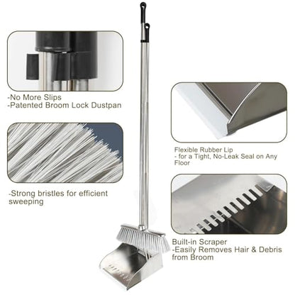 Metal Dustpan with Broom Set, Long Handle Stainless Steel Dustpan,Heavy Duty Standing Dust Pan with Teeth, Indoor Outdoor Up for Home Kitchen Lobby Room Office