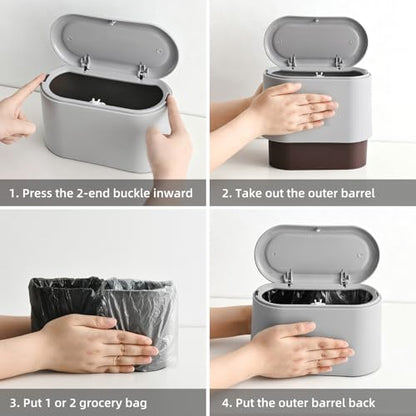 SUBEKYU 0.5 Gal Mini Countertop Trash Can with Lid for Desktop, Small Garbage Can for Office, Tiny Wastebasket, Plastic, Light Grey - color: grey with lid