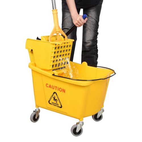 Side-Press Wringer Commercial Mop Bucket on Wheels, 35-Quart, Yellow Mop Bucket for Professional/Industrial/Business Heavy-Duty Floor Cleaning/Mopping