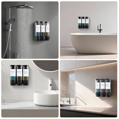 Shampoo and Conditioner Dispenser,Shower Soap Dispenser 3 Chamber No Drill Wall-Mounted for Bathroom & Hotel Leak-Proof Pumps, for Thick Liquids Like Conditioner - 1050ML High Capacity, Black - color: Matte Black
