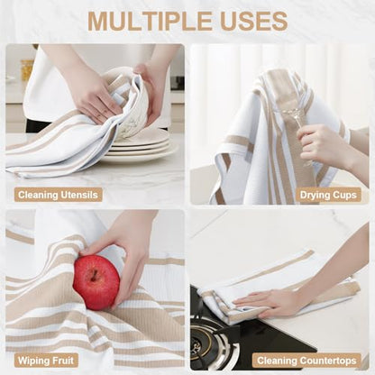 Homaxy Premium Kitchen Towels 18”x 28”, Large Cotton 380 GSM Kitchen Hand Towels, Stripe and Terry Dish Towel, Highly Absorbent Tea Towel Set with Hanging Loop, 3 Pack, Khaki - color: Khaki Stripe, style: 3-pack
