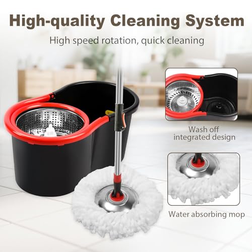 Spin Mop and Bucket with Wringer Set, 360° Spinning Mop and Bucket System with 3 Microfiber Mop Replacement Heads and 51" Stainless Steel Adjustable Handle for Mop Floor Cleaning