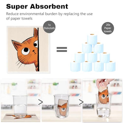 5 Pcs Cartoon Cute Peeking Kitten Swedish Dishcloths, Kitty Swedish Dishcloth, Funny Cat Dish Cloths for Drying Dishes, Reusable Cleaning Cloths, Cat Lover Gifts for Women 6 - color: Lm 03437
