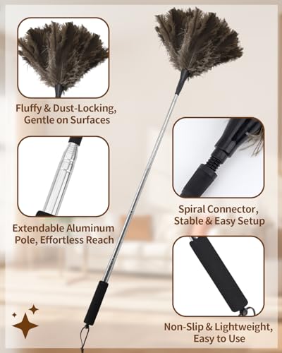 Ostrich Feather Duster, 18-48 Inch Extendable Feather Duster with Natural Fluffy Ostrich Feathers, Dusters for Cleaning Ceiling Fans, Blinds, High Ceilings, Furniture, Cars, Washable & Reusable - color: Ostrich Feather Color