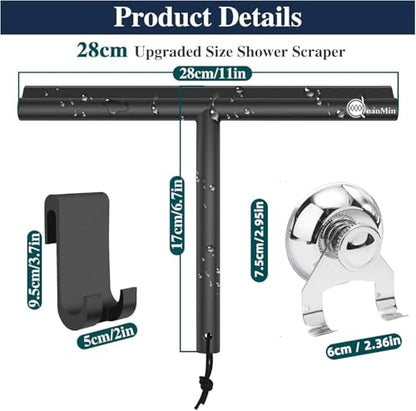 Upgrade Design Shower Squeegee with Hook, 11 inch Stainless Steel Core Glass Wiper, Multi-Purpose Glass Silicone Rubber Household Squeegees for Glass and Ceramic Doors Windows, Rounded Black - size: Round Head-11 inch