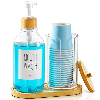 VITVITI Mouthwash Dispenser for Bathroom, Mouth Wash Pump Bottle with Paper Cup Holder, 17Oz Refillable Clear Mouthwash Container with Bamboo Lid/Tray/Label - color: Clear