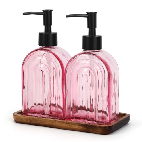 Glass Soap Dispenser Set with Wooden Tray, 13.5Oz Refillable Liquid Modern Soap Dispenser with Plastic Pump for Hand and Dish Set for Bathroom Countertop Decor (Pink) - color: Pink Thick Rainbow