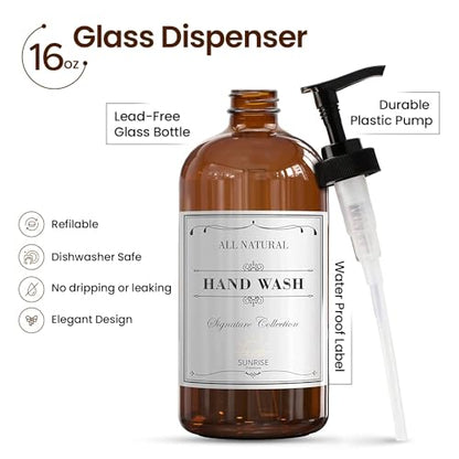 Sunrise Premium, 16 OZ Thick Amber Glass Soap Dispenser with Pump 2 Pack, Hand and Dish Soap Dispenser Set for Bathroom with 6 Waterproof Labels - color: Black Plastic Pump - Amber Glass