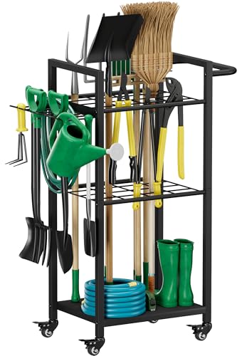 Garden Tool Organizer with Wheels, Heavy Duty 3 Tier Metal Yard Tool Storage Rack Holder with Side Hooks, Freestanding Garage Organizer for Shovels, Rakes, Brooms, Indoor Outdoor Use, Black - color: black