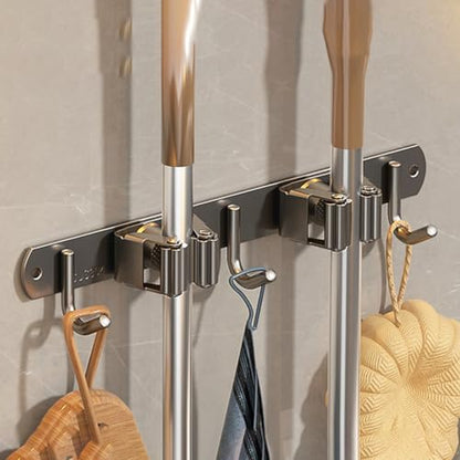 Wall-Mounted Broom Holder Stainless Steel Mop Storage Rack Laundry Room Storage Solution Suitable for Kitchens, Gardens, Garages (Gray: 2 clips with 3 hooks) - color: Gray: 2 clips with 3 hooks