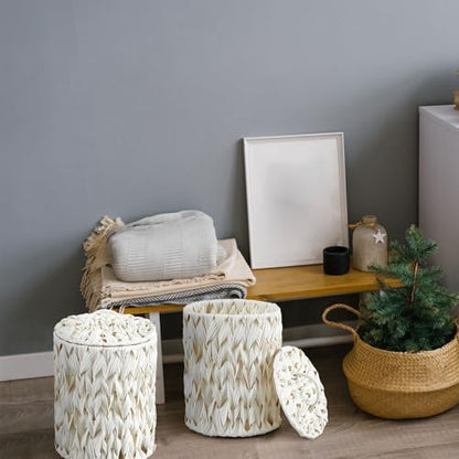 Ctosree 1.3 Gallons Small Trash Can with Lid Handle Boho Woven Braided Bathroom Waste Basket Trash Can with 100 Garbage Bags for Bedroom Office Laundry(Braided Polypropylene, Cream White) - color: Cream White, style: Round