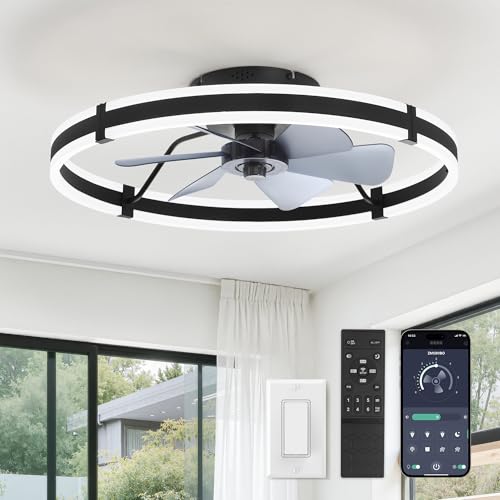 ZMISHIBO 24 Inch Ceiling Fans with Lights and Remote, Modern Low Profile Ceiling Fan, 3000-6000K Dimmable Flush Mount LED Fan Light, 6 Wind Speeds, Fandelier Ceiling Fans for Bedroom- Black - color: Black, size: 24 INCH