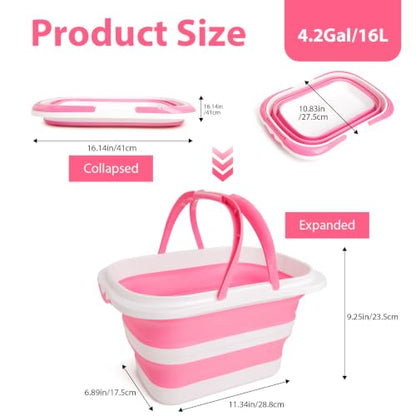 Collapsible Mop Bucket 4.2 Gallon(16L), Space-Saving Foldable Cleaning Bucket with Handle & Hanging Hole for Home, Swimming Pool, Camping, Car Wash & Outdoor (Pink White) - color: Pink White