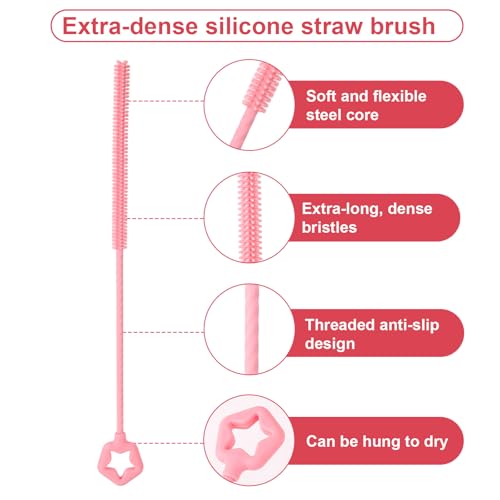Penitue 4pcs Silicone Straw Cleaner Brush, 6mm/0.24in + 9mm/0.35in Reusable Extra-Long Cleaning Brush for 8mm/0.31in and 10mm/0.39in Metal & Glass Drinking Straws Dishwasher Safe (Pink, Star & Heart)