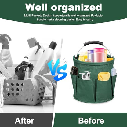 Qivine 17L Cleaning Caddy with Handle, Cleaning Supply Caddy, Foldable Tool Bag Cleaning Products Organizer, Portable Cleaning Bucket Caddy for Cleaning Supplies (Green) - color: Green