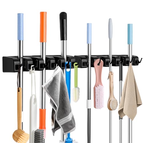 InPoTo Broom and Mop Holder, Wall Mounted Organizer Storage Tool Rack with 5 Ball Slots and 6 Hooks (2 Pack) - size: 2Pack