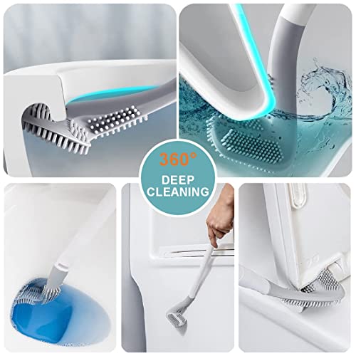 Toilet Brush, Long Handle Golf Toilet Brush with Holder 360° Deep Cleaning Flexible Silicone Toilet Cleaner Brush Wall Mounted for Bathroom (Grey) - color: Gray