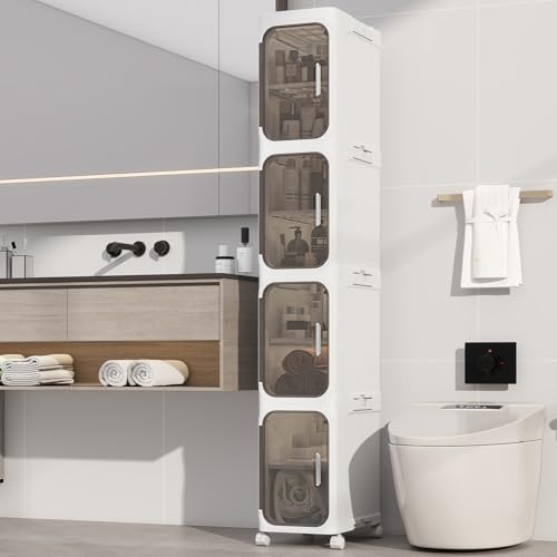 4 Tier Slim Bathroom Storage Cabinet, Foldable and Movable, White | Tools Free, ABS and PET, Magnetic Clear Door, Adjustable Shelves, Lockable Wheels, Water Resistant, For Narrow Space - color: White, size: 4 Tiers
