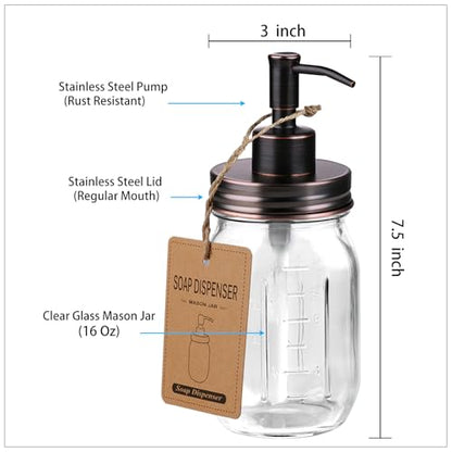 SheeChung 16 Oz Mason Jar Liquid Soap Dispenser, Glass Hand Soap Dispenser, Stainless Steel Pump Lid, Refillable Lotion Dispensers for Bathroom Countertop Kitchen (1, Oil Rubbed Bronze) - color: Oil Rubbed Bronze-1 Pack