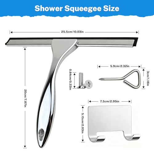 Hotel Grade Stainless Steel Squeegee 10 Inch with Adhesive Hooks - Commercial Shower Squeegee for Hotel Bathroom Glass Door Mirror Tile, Streak-Free Multi-Purpose Cleaning Tool for Hotel Use, Silver