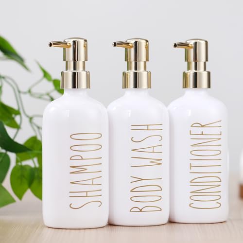 HOMCDALY Shampoo and Conditioner Dispenser Set of 3, 21oz Shower Soap Bottles with Pump, Refillable Shampoo Conditioner Body Wash Dispenser, Bathroom Shower Shampoo Bottles, Shampoo Container(P-Gold) - color: Gold-21oz