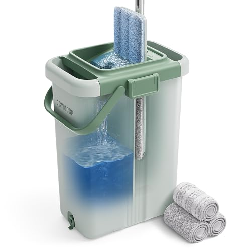 JOYMOOP Flat Mop System, Microfiber Mop and Bucket Set, Green, Commercial & Household Floor Cleaning Mop with Long Handle, Includes 3 Reusable 15" Pads - color: Green Max531