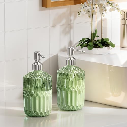 AmazerBath Soap Dispenser, Green Glass Soap Dispenser with Pump Stainless Steel, 14.2OZ Refillable Hand Bottles Bathroom Kitchen, 1 Pack - color: Green & Stainless Steel -1 Pack
