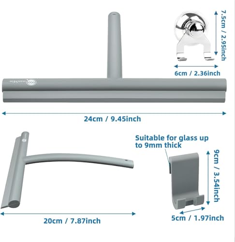 9 Inch Stainless Steel Core Silicone Shower Squeegee with Suction Cup & Hook Streak-Free Wiper for Glass Doors Shower Walls Mirrors Windows Bathroom Cleaning (Grey) - size: Round Head-9 inch（Grey）