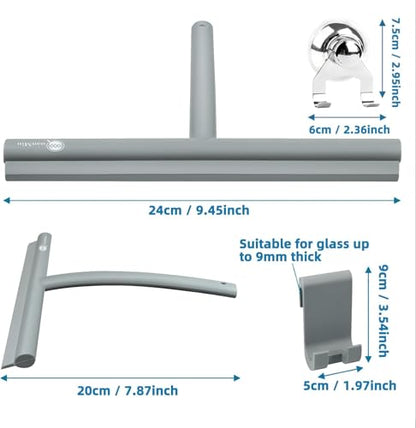 9 Inch Stainless Steel Core Silicone Shower Squeegee with Suction Cup & Hook Streak-Free Wiper for Glass Doors Shower Walls Mirrors Windows Bathroom Cleaning (Grey) - size: Round Head-9 inch（Grey）