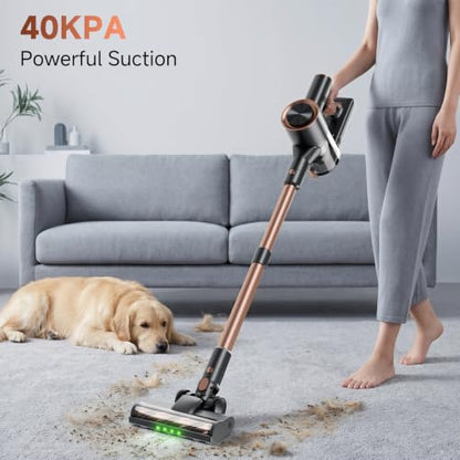 Cordless Stick Vacuum Cleaner - 40KPA Powerful Suction Vacuum with 45 Min Runtime, Detachable Battery, Anti-Tangle & 1.5L Dust Cup, 8 in 1 Vacuum Cleaner for Pet Hair, Carpet, HardFloor, Gold