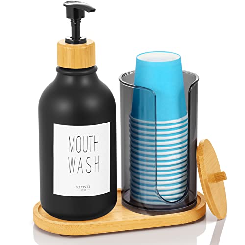 VITVITI Mouthwash Dispenser for Bathroom, Mouth Wash Pump Bottle with Paper Cup Holder, 17Oz Refillable Black Mouthwash Container with Bamboo Lid/Tray/Label - color: Black