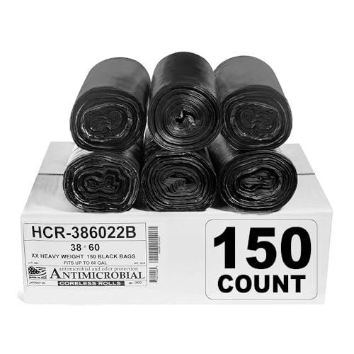 Aluf Plastics High Density Trash Bags, 60 Gallon, 150 Count, 22 Micron (eq), 38" x 60", Black, for Bathroom, Office, Industrial, Commercial, Janitorial, Municipal, Recycling - color: Black, style: 55-60 Gal, 22 Micron Equiv, 150 Count