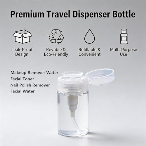 Refillable Press Pump Dispenser Bottle, Clear, Leak-Proof, Portable Reusable Travel Size for Makeup Remover, Toner, Nail Polish Remover,3.04oz（100ml）
