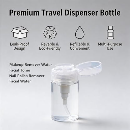Refillable Press Pump Dispenser Bottle, Clear, Leak-Proof, Portable Reusable Travel Size for Makeup Remover, Toner, Nail Polish Remover,3.04oz（100ml）