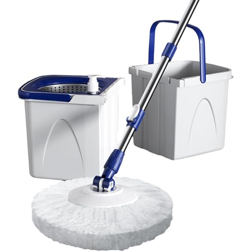 Spin Mop and Bucket Set 43-51 Microfiber 15 Telescopic Round Mop with Wringer, 2 Pads and Detachable Bucket Drain for HomeSpin