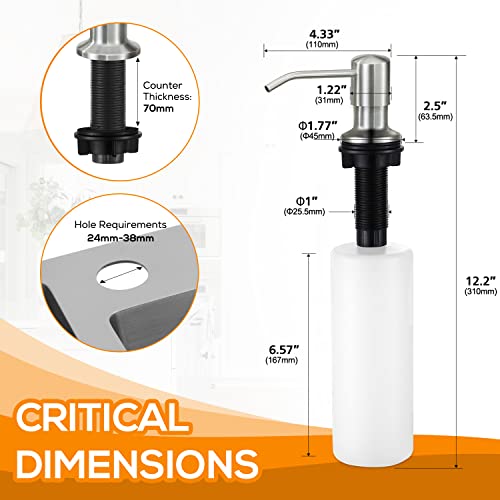 Soap Dispenser for Kitchen Sink, Bulit in Soap Dispenser Lotion Dispenser with 17 OZ Large Soap Bottle Refill from The Top, Brushed Nickel Stainless Steel Countertop Pump Head - color: Brushed Nickel
