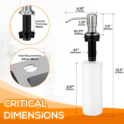Soap Dispenser for Kitchen Sink, Bulit in Soap Dispenser Lotion Dispenser with 17 OZ Large Soap Bottle Refill from The Top, Brushed Nickel Stainless Steel Countertop Pump Head - color: Brushed Nickel