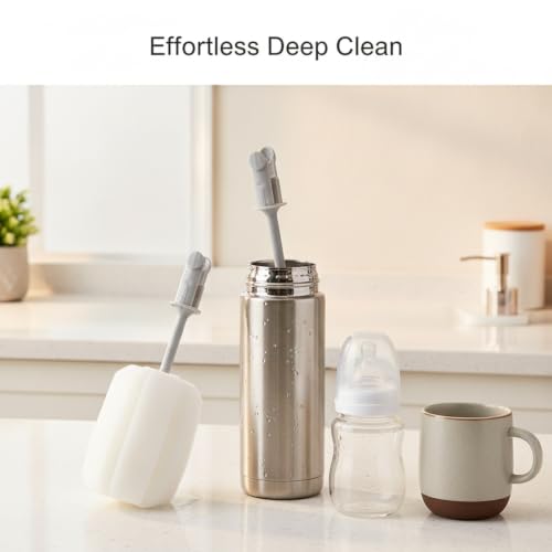 Long Handle Bottle Brush with Sponge Head, 13 Inch Cleaning Tool for Vacuum Flask and Narrow Neck Containers (1 PC) - color: White