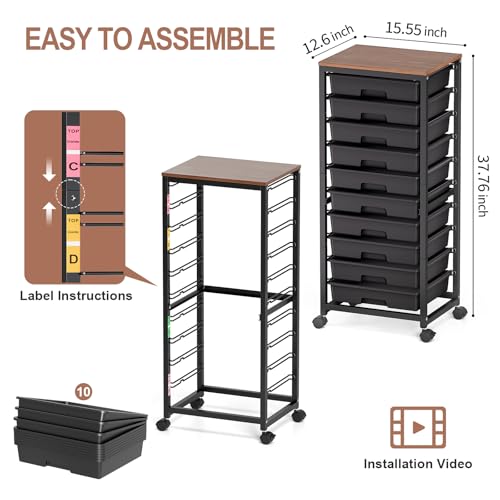 SYKIARIOL Rolling Cart with Drawers,10 Drawer Rolling Cart,Storage Cart,Utility Cart,Teacher Cart for Classroom Storage,Craft Cart with Wheels and Wooden Tabletop,Black - color: Black