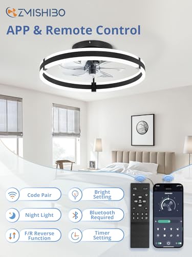 ZMISHIBO Ceiling Fans with Lights and Remote, 19.7'' Low Profile Ceiling Fan, 3000-6000K Dimmable Modern Flush Mount LED Fan Light, 6 Wind Speeds, Black Fandelier Ceiling Fans for Bedroom - color: Black, size: 19.7 INCH