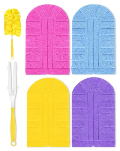 KEEPOW 4+1 Pcs Pads Compatible with Swiffer Reusable Pads with Handle Set | Reusable Fleece Duster Kit With Handle, Washable Pads For Efficient Home Cleaning And Multi-Surface Dust Removal - color: 1yellow+1blue+1purple+1rose Red, size: 4+1 Pack(with hand